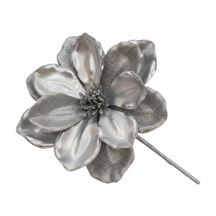 Ashland silver 8 inch decorative floral pick with silver metallic flowers on white background