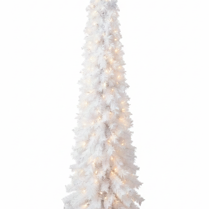 7ft slim white pencil Christmas tree pre-lit with warm white lights on silver base, white background