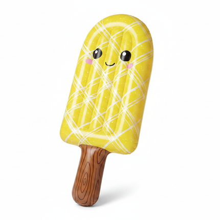 Giant 72-inch inflatable lemon popsicle pool float with yellow kawaii face and brown stick on white background