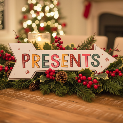 Ashland tabletop Christmas decor sign styled on a dining table as part of a holiday centerpiece with pine branches and red berries