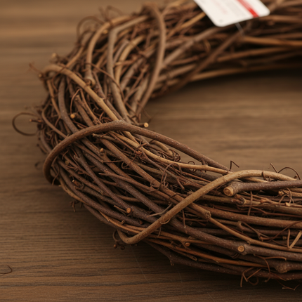 Close-up of natural grapevine wreath texture showing intertwined twigs and branches detail