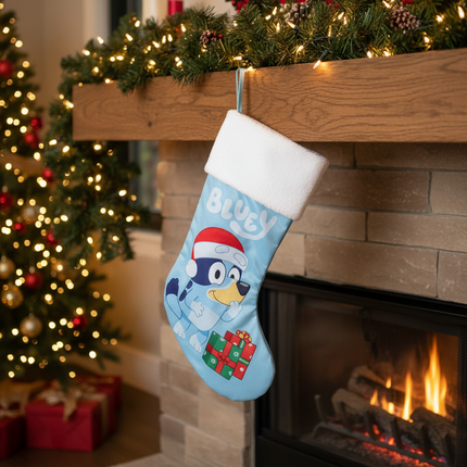 Bluey Christmas stocking 18in hanging on holiday mantel with pine garland and Christmas lights