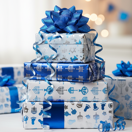 Blue curly gift bows curl ribbon on a stack of wrapped gifts in blue silver and white for a baby shower or Hanukkah