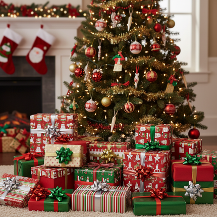Celebrate It Christmas gift bows in red green gold and silver on wrapped gifts under a decorated tree