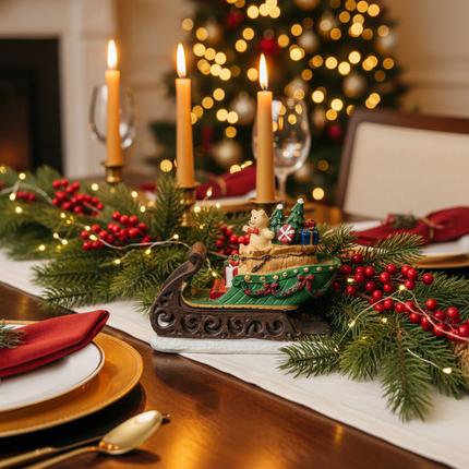 Ashland 4 inch Santa's sleigh Christmas decor figure as part of a Christmas centerpiece with pine branches and red berries