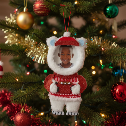 Studio Decor Felt Polar Bear Photo Ornament hanging on decorated Christmas tree
