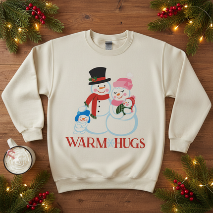 Make Market Iron-On Transfer Sheet with Warm Hugs snowman family design applied to a white holiday sweatshirt