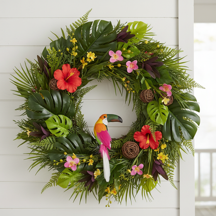 Decorative toucan bird ornament with green beak and orange to yellow to pink to white feathers clipped onto a summer wreath with tropical greenery