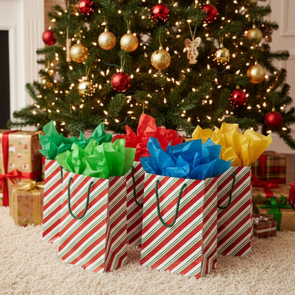 Set of 5 Christmas gift bags with red white and green candy cane stripe pattern filled with tissue paper arranged under a decorated Christmas tree