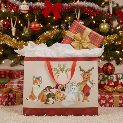 Large Christmas gift bag with holiday pets design filled with tissue paper placed under a decorated Christmas tree with presents
