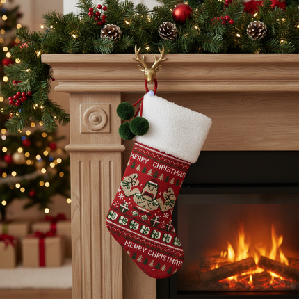 Traditional woven Merry Christmas stocking 18in hanging on holiday mantel with fireplace