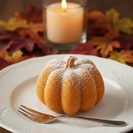 Single 3D pumpkin shaped mini cake dusted with powdered sugar on a white plate with a fork and autumn leaves in the background