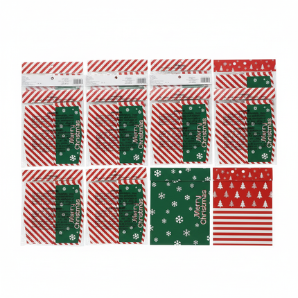 Celebrate It Christmas treat bags 24pc flat lay showing all three festive patterns trees snowflakes and stripes on white background