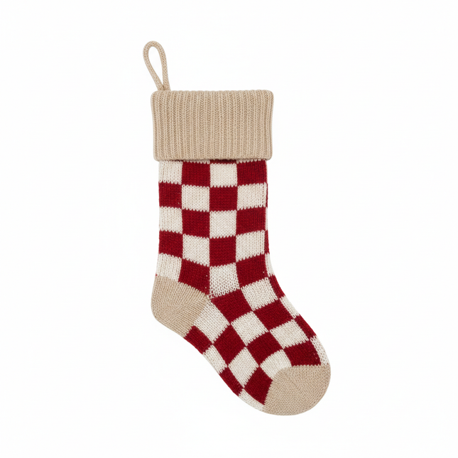 Red and white checkered knit Christmas stocking 18in on white background