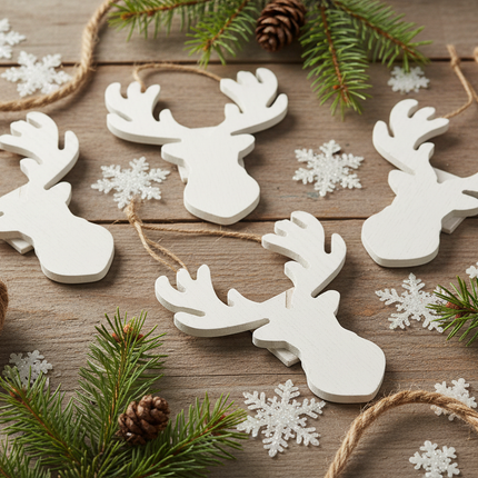 Multiple white DIY moose shape wood ornaments 5x4 inch displayed on a rustic wooden surface with pine branches and snowflakes