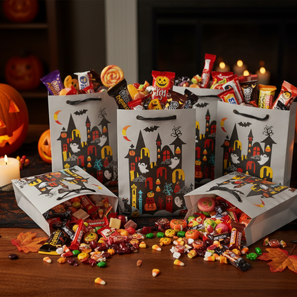Halloween treat bags filled with candy and treats on a decorated Halloween table with pumpkins and spooky decor