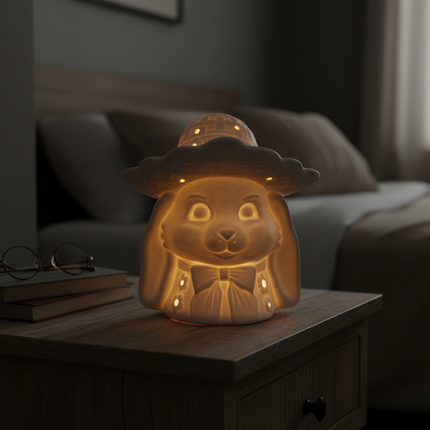 DIY white ceramic bunny figure with hat and bow tie glowing as a cozy nightlight on a bedroom nightstand
