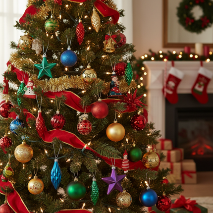 Silver Christmas ornament hooks being used to hang colorful ornaments on a decorated Christmas tree
