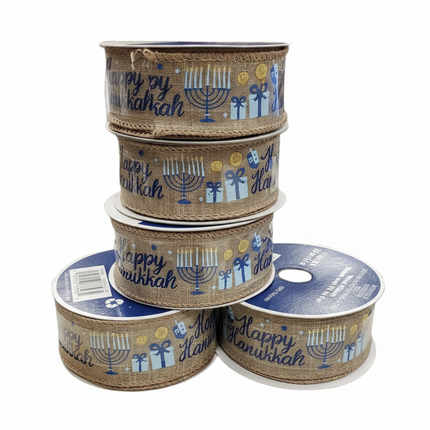 Celebrate It Hanukkah wired ribbon spool with natural burlap texture featuring Happy Hanukkah script menorah dreidel gift boxes and gold coins in blue and gold on white background