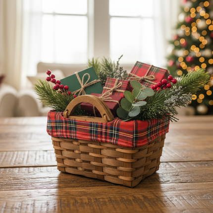 Rectangular wicker Christmas basket with red tartan plaid liner filled with holiday gifts and greenery on a farmhouse table