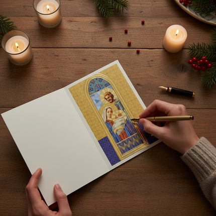 Hallmark Holy Family Nativity Christmas card being signed on wooden desk with pen and candlelight