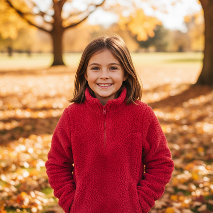 Young girl wearing a red fuzzy fleece 1/4 zip pullover sweater outdoors in autumn