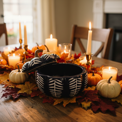 Celebrate It navy blue pumpkin-shaped ceramic bowl styled on a Thanksgiving table with autumn leaves, mini pumpkins, and candles