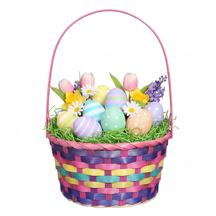 Traditional Easter basket 10x4.5 inch filled with colorful Easter eggs grass and spring flowers on white background