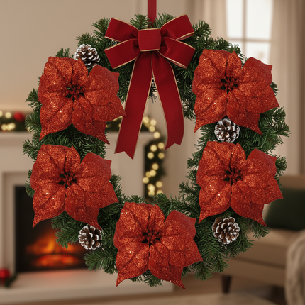 Multiple Ashland clip-on poinsettia floral accents clipped onto a Christmas wreath with pine cones and ribbon