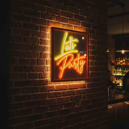 Neon Let's Party Ashland wall decor 15x16 inch mounted on a brick wall in a trendy bar with moody ambient lighting