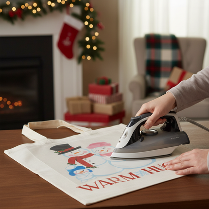 Person applying Warm Hugs snowman iron-on transfer to white tote bag with household iron in cozy Christmas home setting