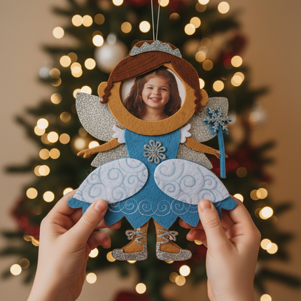 Child holding Studio Decor Felt Brown Hair Fairy Photo Ornament with photo inserted