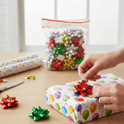 Celebrate It peel and stick gift wrapping bows being applied to a birthday gift box on a gift wrapping table