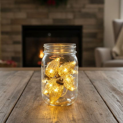 Ashland 5ft LED Christmas crafting lights glowing warmly wrapped around a mason jar centerpiece