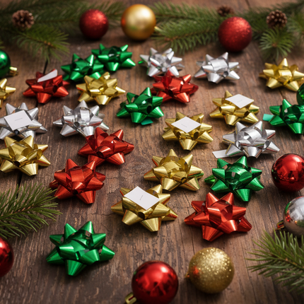 Celebrate It Christmas gift bows spread on rustic wood table with pine branches and ornaments