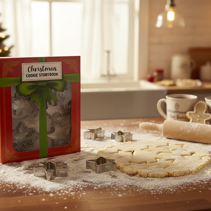 Christmas cookie cutters in holiday shapes laid out on a floured kitchen counter next to rolled out cookie dough with warm festive lighting