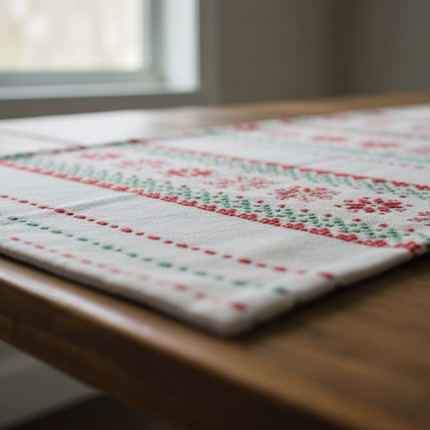 Close-up of cream fabric table runner showing red and green Nordic Fair Isle snowflake and dot pattern detail