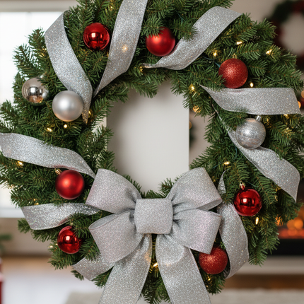 Celebrate It silver glitter wired ribbon 1.5in x 30ft used to decorate a Christmas wreath with ornaments
