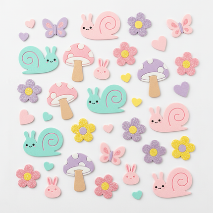 Close-up flat lay of kawaii Easter foam stickers including snails, mushrooms and glitter flowers in pastel pink, teal, purple and yellow