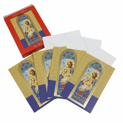 Seasons from Hallmark Holy Family Nativity Christmas cards fanned out showing stained glass design with envelopes