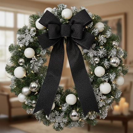 Solid black glitter wired ribbon formed into an elegant bow on a Christmas wreath with white and silver ornaments and pine branches