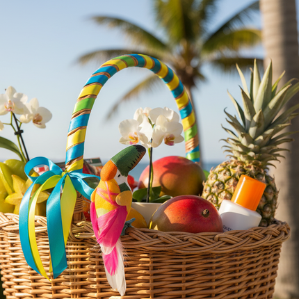 Decorative toucan bird ornament with green beak and colorful feathers clipped onto a tropical gift basket in a summer lifestyle shot