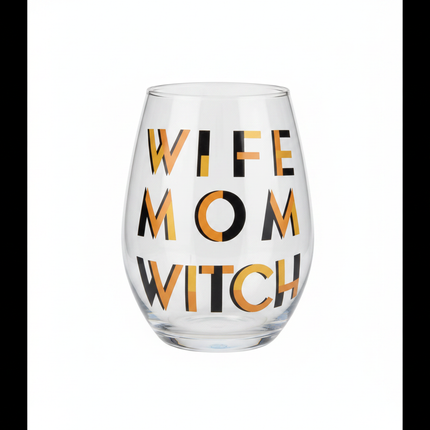 Celebrate It Wife Mom Witch stemless wine glass 14oz with bold black and gold lettering on white background