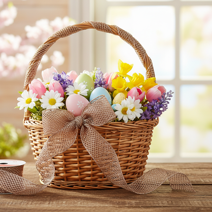 Celebrate It wired bronze mesh ribbon draped on an Easter basket with spring flowers and pastel eggs