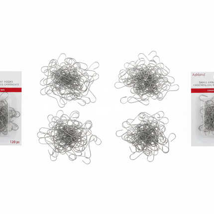 Silver Christmas ornament hooks 240 count spread out showing both packs overhead flat lay on white background