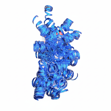 Blue curly gift bows curl ribbon gift wrap decor on white background
