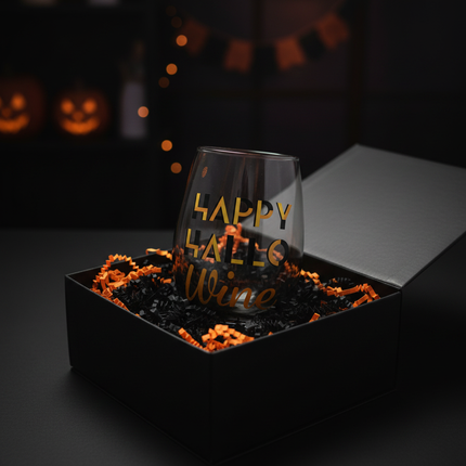 Celebrate It Happy Hallo Wine stemless wine glass presented as a Halloween gift in an open box with black and orange tissue paper