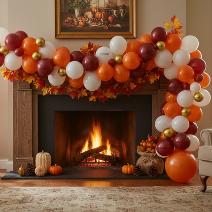 Celebrate It Thanksgiving balloon garland 10 feet draped across a mantel with fall leaves and pumpkins
