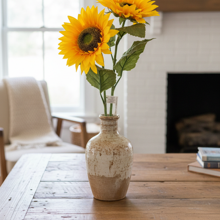 Ashland 26 inch dual golden yellow sunflower stem standing upright in a rustic vase on a farmhouse wooden table