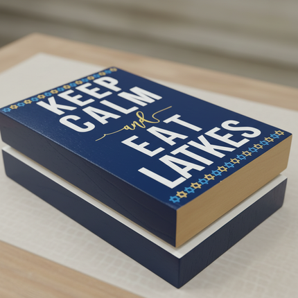 Close-up of navy blue Keep Calm and Eat Latkes wooden block sign with Star of David accents